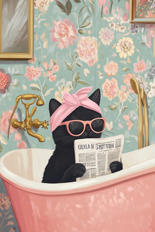 黑猫戴墨镜读报纸浴缸