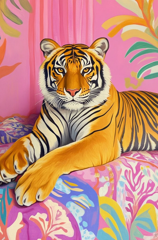 虎斑猫卧彩色床单