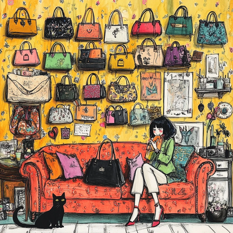 女孩坐沙发拿包墙挂满设计师包