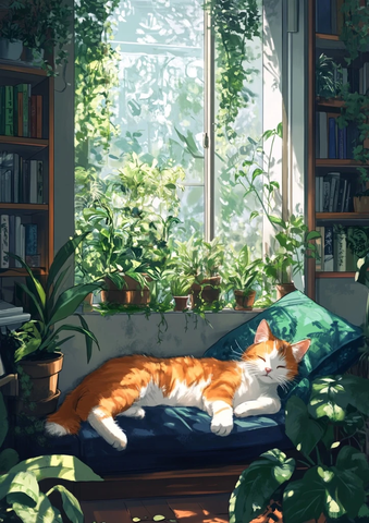 绿植窗台旁的书架与熟睡的猫