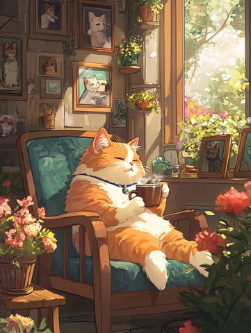 猫咪喝咖啡椅子花桌动漫风