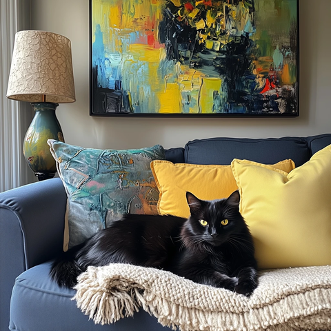 黑猫毯上休憩油彩画