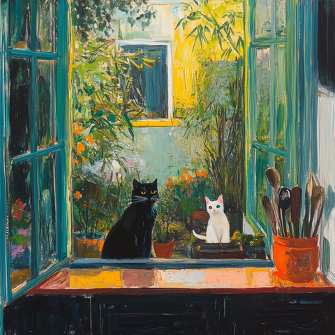 厨房窗景小花园黑白猫