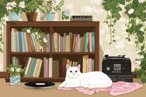 白猫书柜唱片机绿植