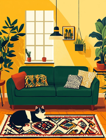 绿沙发彩色地毯室内植物插画