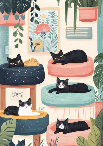 猫咪躺卧多彩床墙上艺术点缀