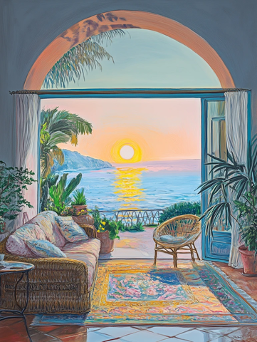 海景窗前日出景色