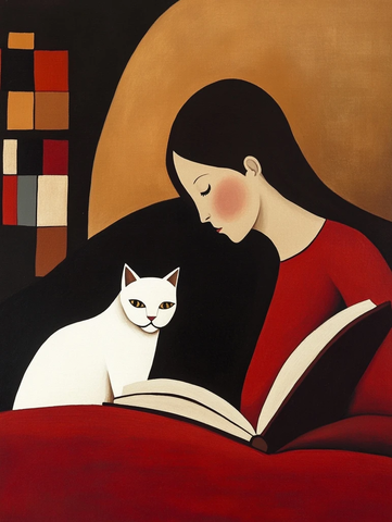 女人读书白猫相伴