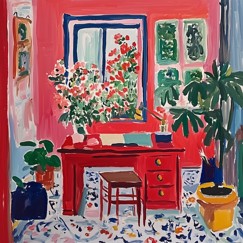 红色办公桌静物画