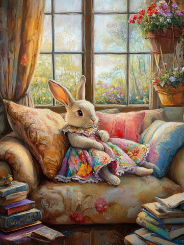 兔子躺沙发花窗旁书环绕
