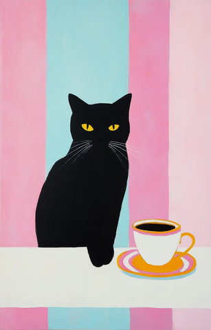 黑猫桌子上咖啡杯条纹背景