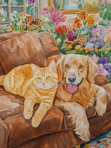 猫咪与金毛在花房中玩耍