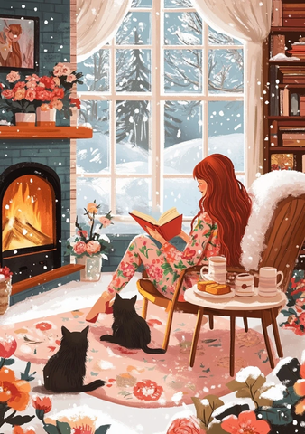 女孩读书火炉旁猫咪环绕