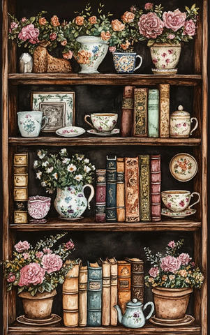 古董书架茶杯花卉水彩画