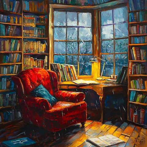 心理咨询室书桌书椅窗外雨景