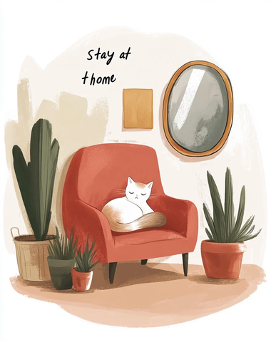 猫在扶手椅与盆栽镜子