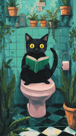 黑猫读书粉红马桶瓷砖浴室