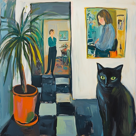 室内女人与猫日常活动