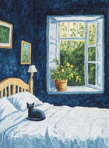 猫卧床上的艺术插画