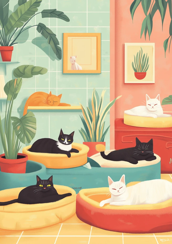 猫咪躺卧多彩床墙上艺术点缀