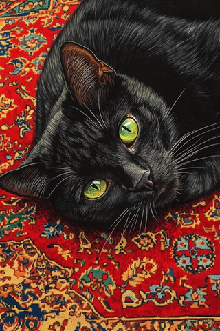 黑猫绿眼躺在东方地毯