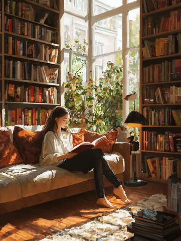 书架前女子读书