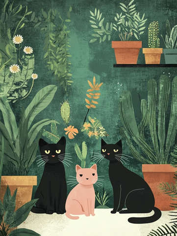 黑猫粉猫花盆绿植墙插画