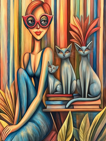红发女子与灰猫读书桌前