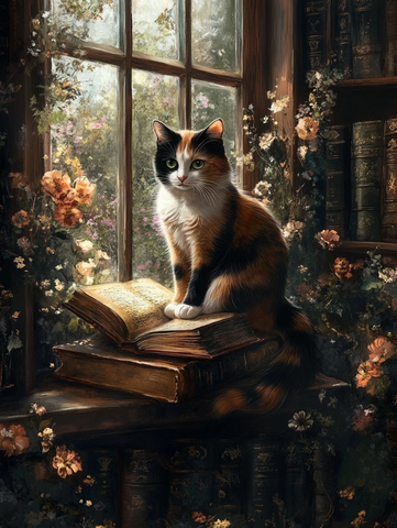 花丛中的猫与古书