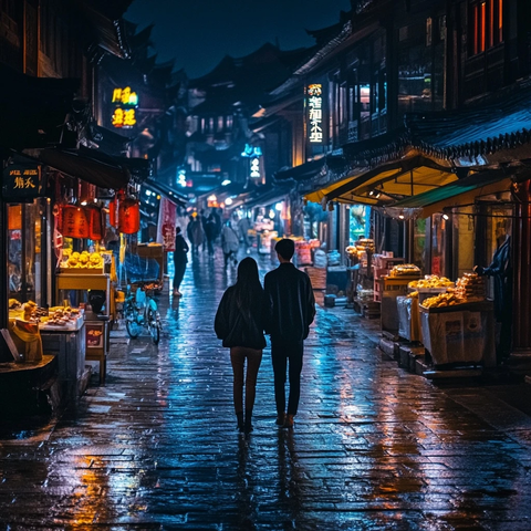 雨夜古街漫步