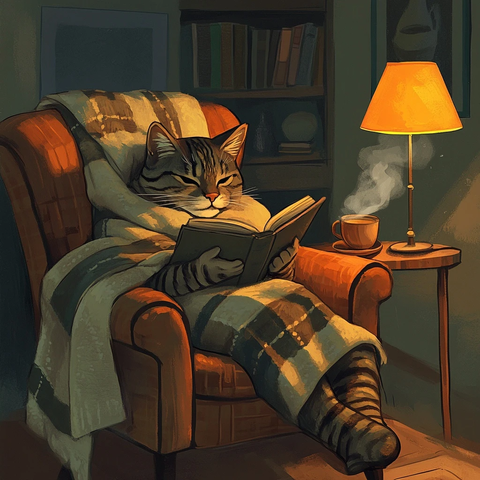 猫坐躺椅读书喝茶