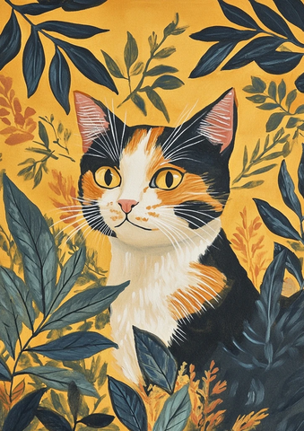 卡利科猫与植物水粉画