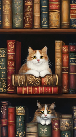 书架上的布艺猫与书籍