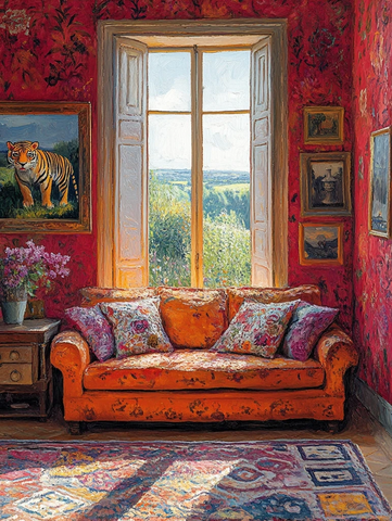 红墙虎纹沙发窗景