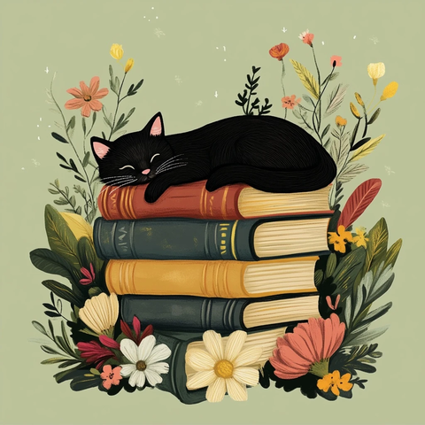 黑猫书堆花朵插画