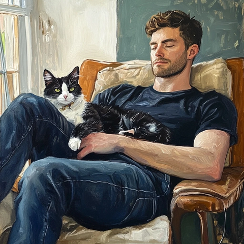 男子盘腿坐猫躺腿上