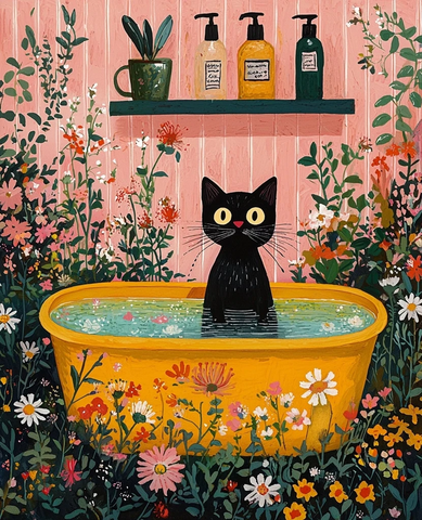 黑猫浴缸花丛插画
