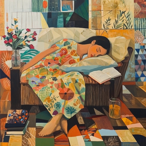 女人躺椅读书花瓶地毯