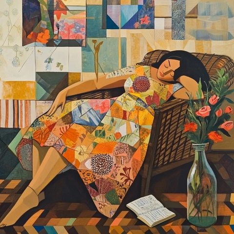 女人躺椅读书花瓶地毯