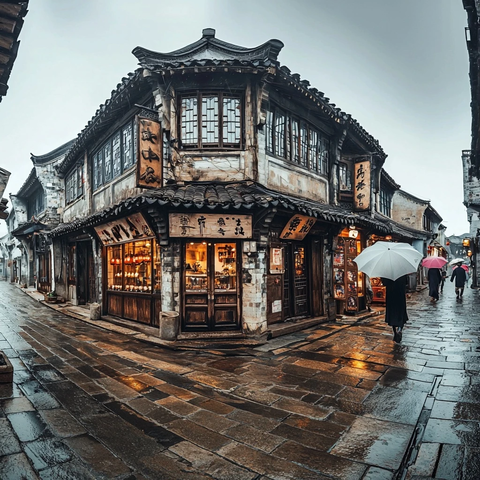 雨中古镇店铺