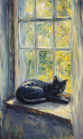 阳光下窗台上的黑猫