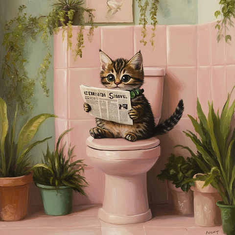 猫咪读报纸坐粉色马桶