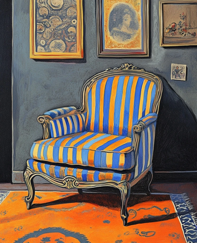 蓝金条纹椅与橙色背景墙