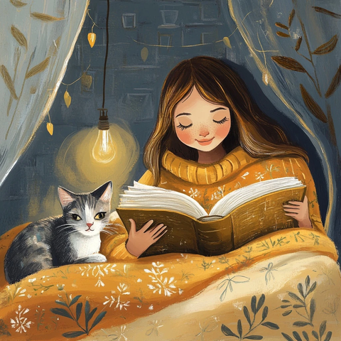 女人读书茶杯毯子猫