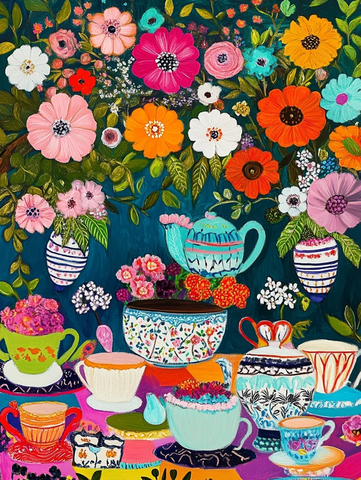 彩色花卉花园茶会装饰画