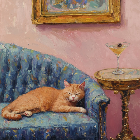 红猫蓝金沙发与粉色墙壁