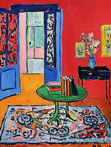 红色墙面蓝色桌椅书本装饰