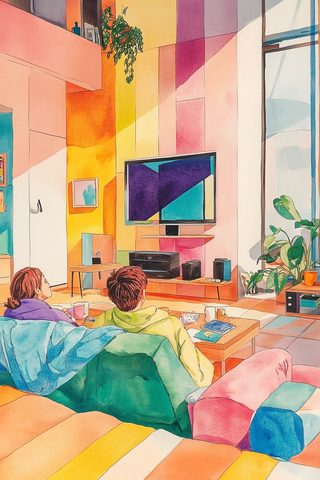 两人沙发看电视温馨场景