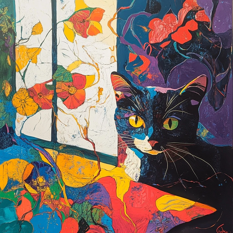 窗边桌上的花与猫