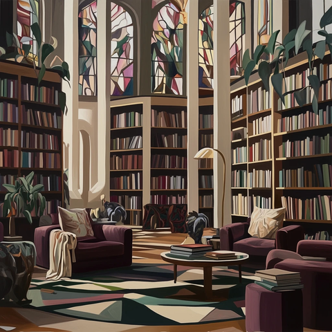 古老书架与彩色玻璃窗